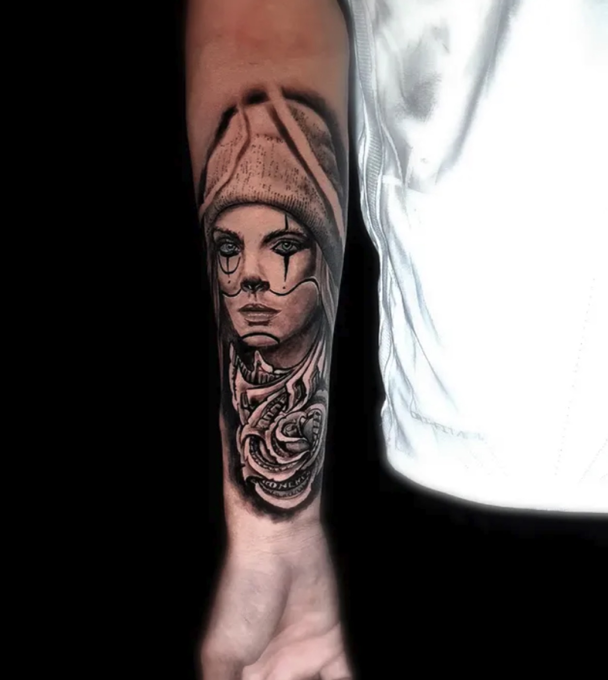 Black and grey chicano portrait with rose tattoo