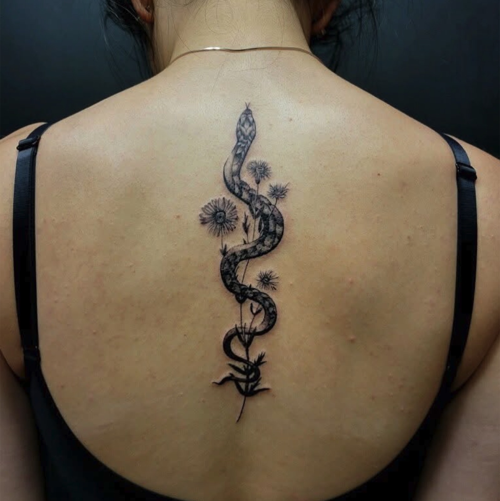 Fine line serpent and florals along the spine