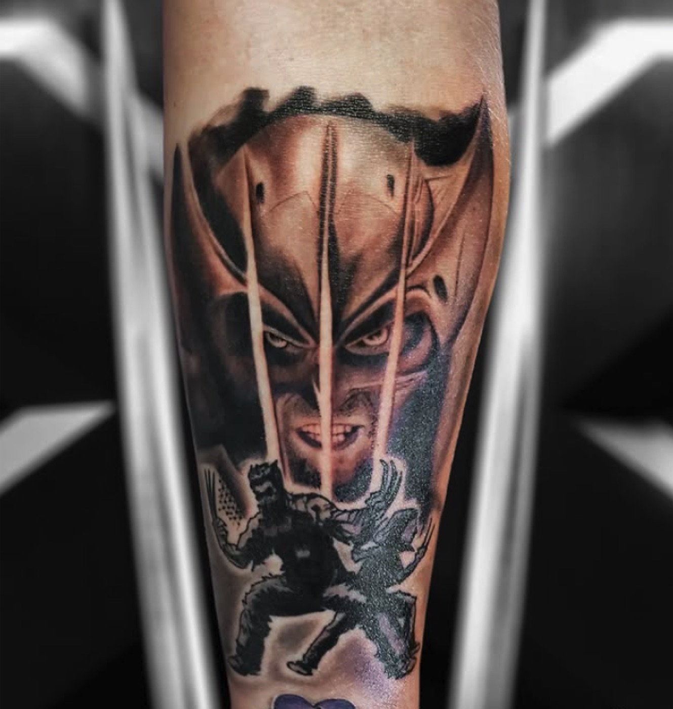 Black and grey Dark Knight tattoo by Steven Atkins