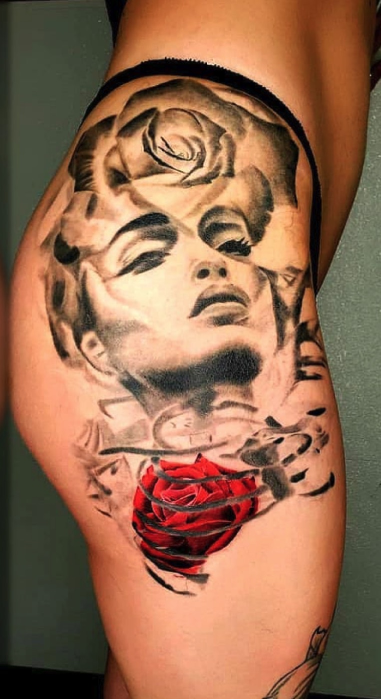 James Dean portrait with red rose tattoo