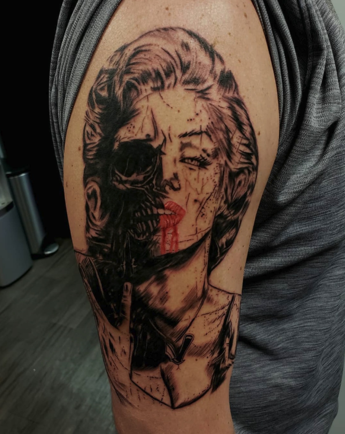 Marilyn Monroe half skull tattoo