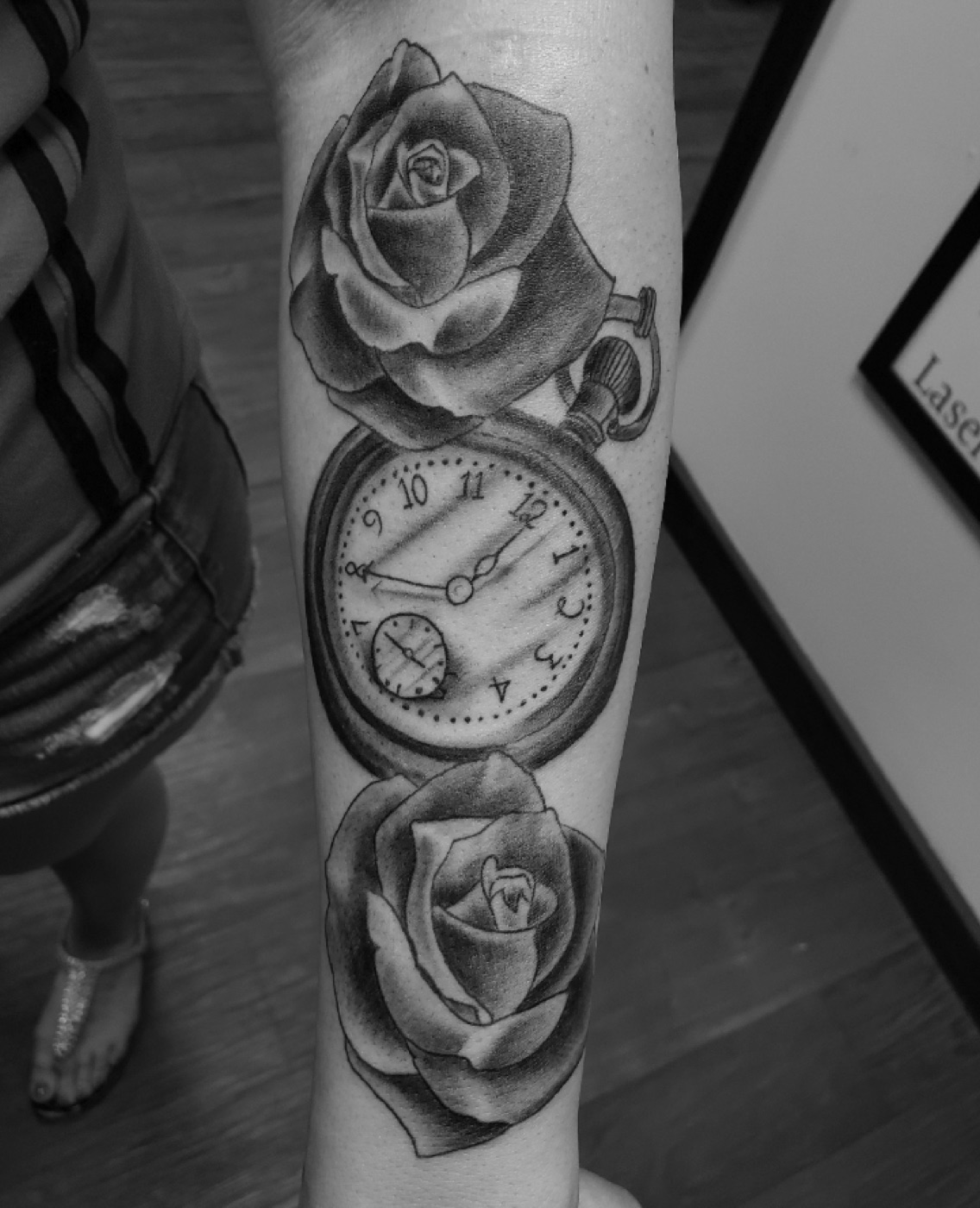 Roses and pocket watch black and grey tattoo